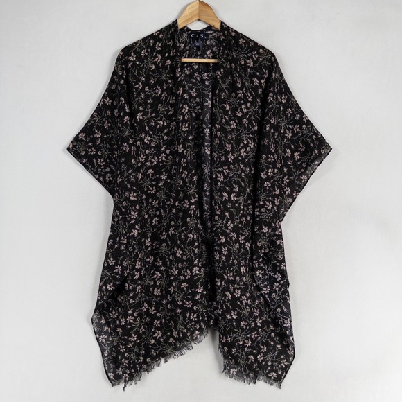 CHAPS Ruana One Size Black Floral Lightweight Raw Fringe Hem Boho Festival - Picture 1 of 6